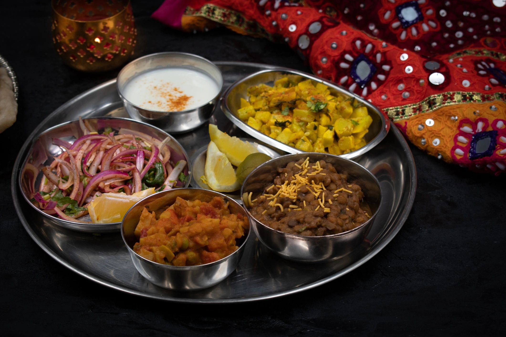 Vegetarian thali meal served in traditional style
