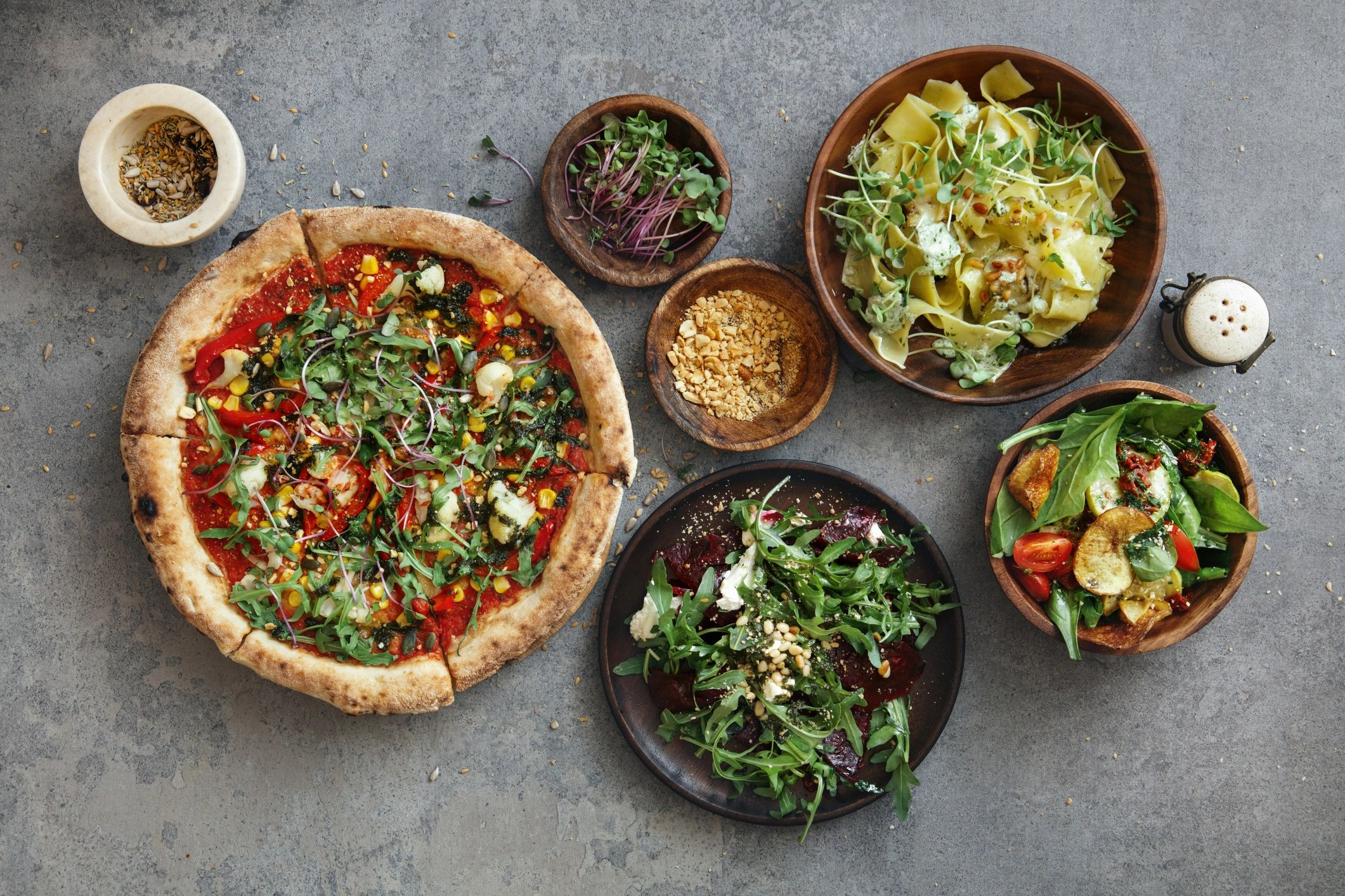 Assorted vegetarian dishes photographed from above