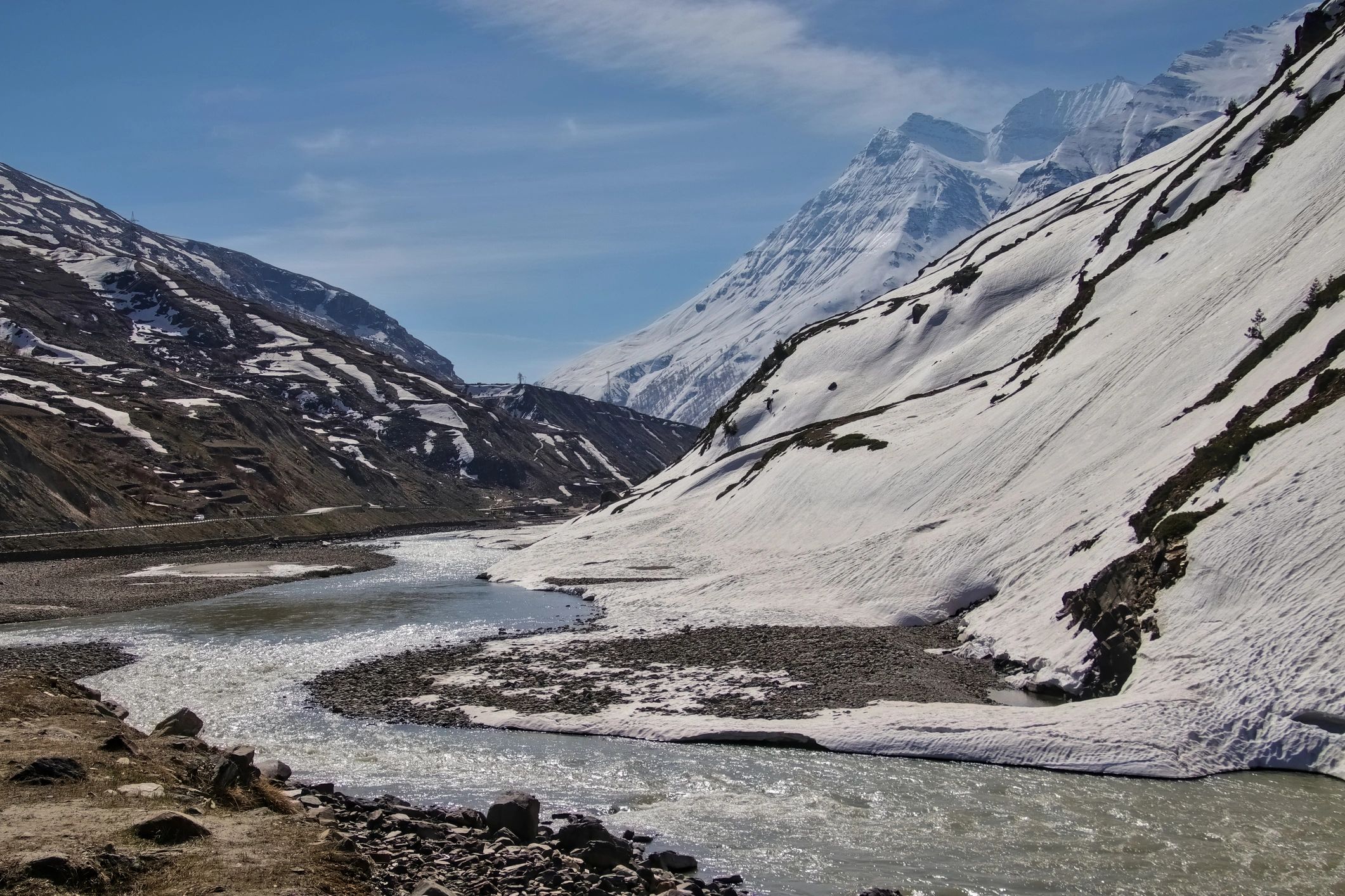 River flowing through a snowy Himalayan valley