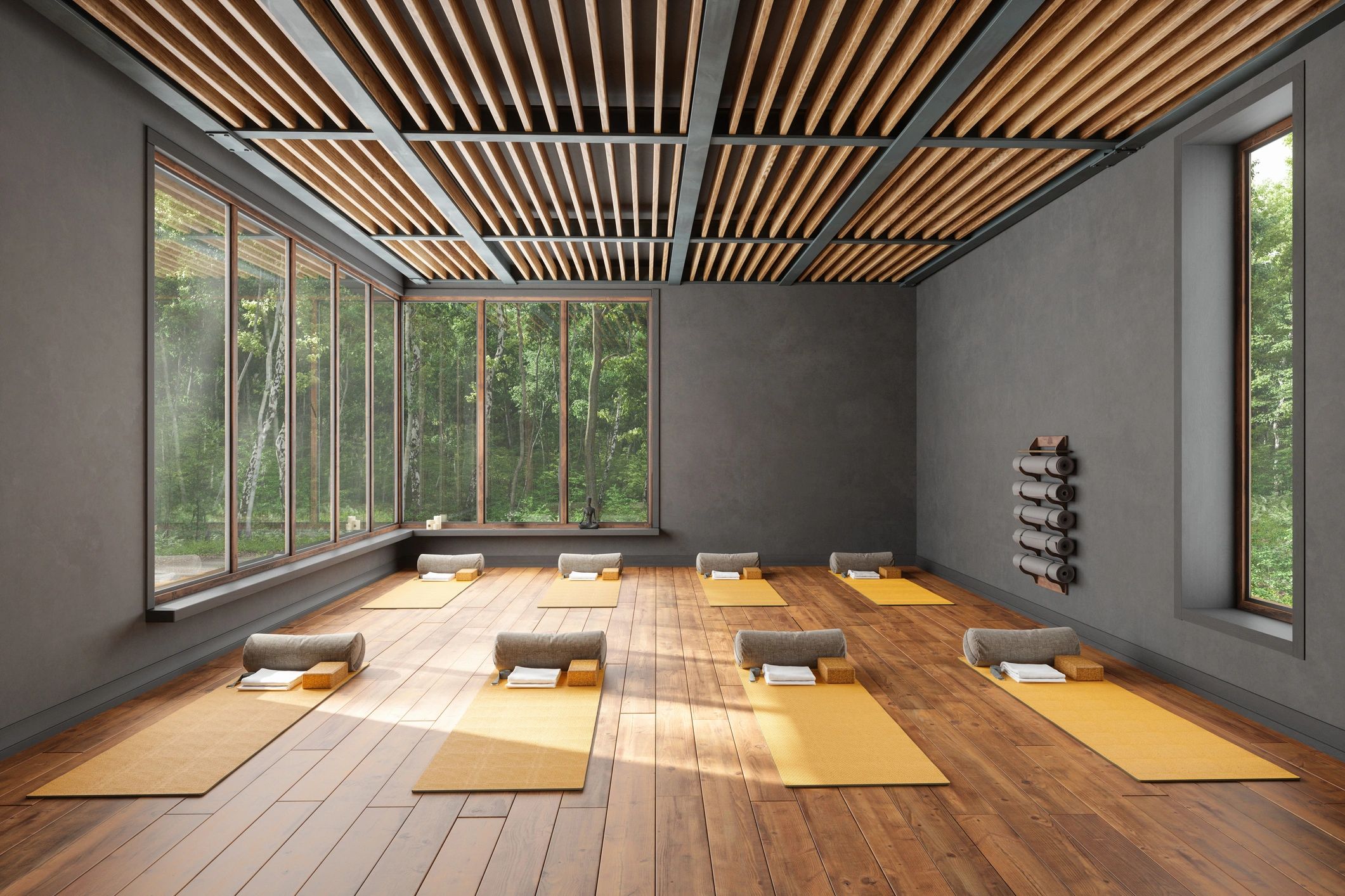 Calm yoga studio with mats and natural light