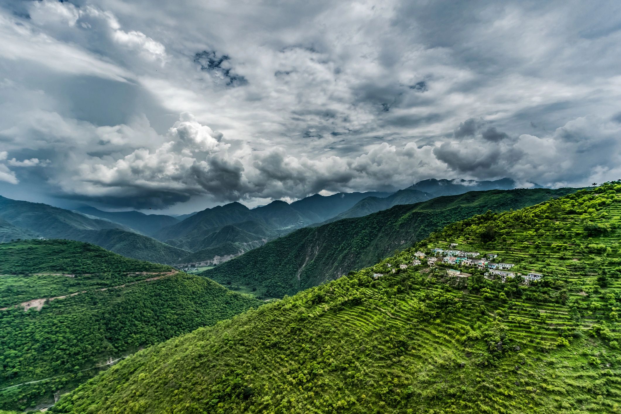 Mountain landscape with layered hills and valleys